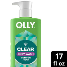Green body wash bottle with white pump, Clear Body Wash Vetiver Pear badge