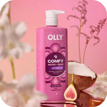 OLLY Comfy body wash bottle with pump, pink bottle, with fig and white flowers