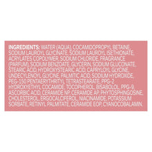 OLLY body wash ingredients label panel on a pink bottle label