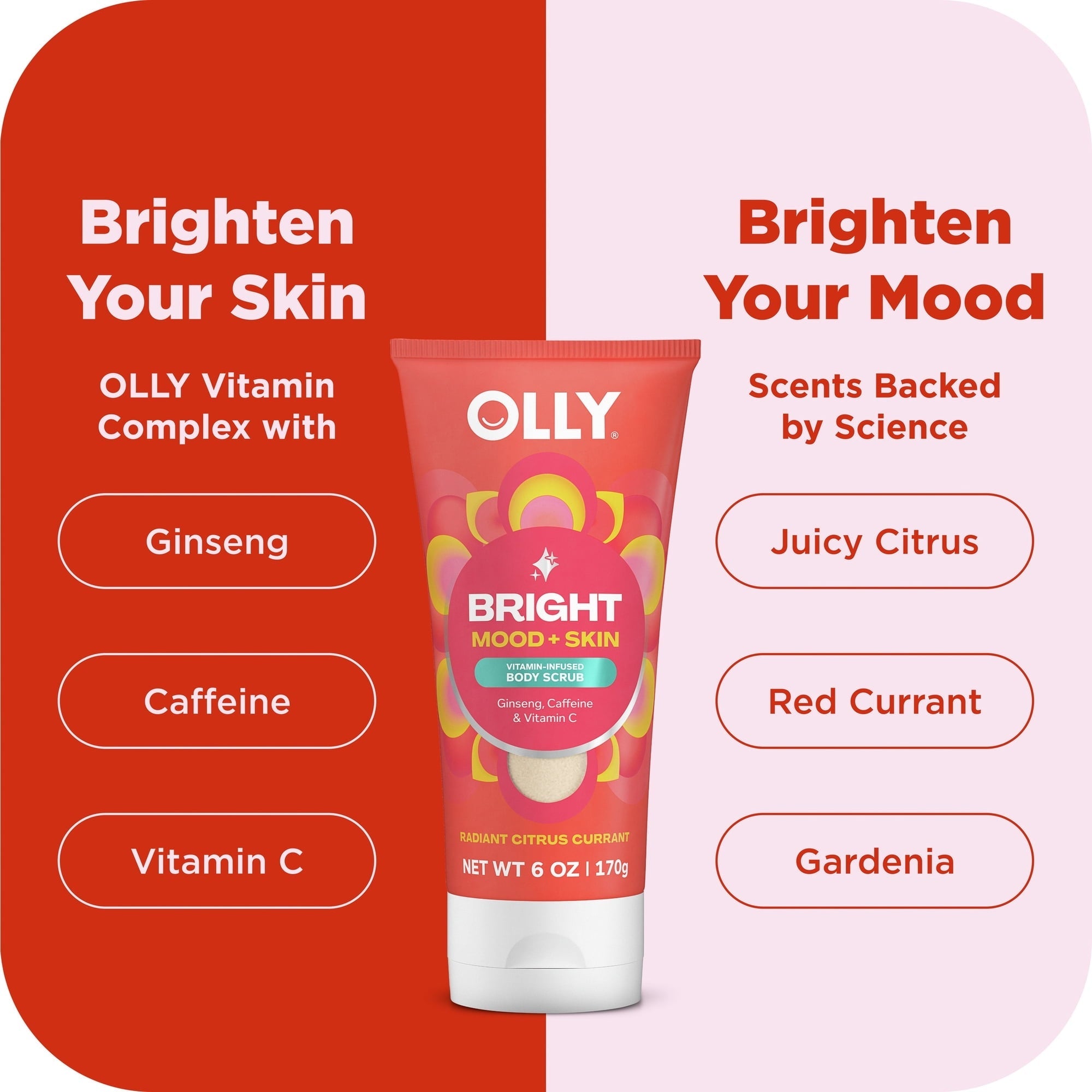 OLLY Bright Body Scrub Exfoliates & Repairs Skin Barrier Citrus Currant, 6 oz