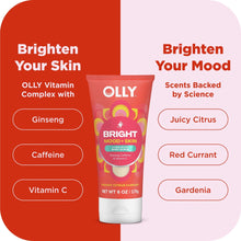 OLLY Bright body scrub promo graphic with 6 oz tube and scent callouts.
