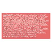 OLLY body wash ingredients label panel with dense ingredient list on red background