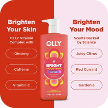 OLLY Bright body wash bottle on side-by-side scent graphic with citrus and red currant