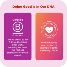 OLLY Bright body wash product info cards with certification icons and wellness badges