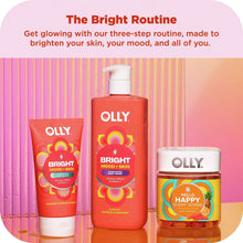 OLLY Bright body wash bottle flanked by two OLLY skincare containers