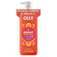 OLLY Bright body wash bottle with pump, Ginseng, caffeine & vitamin C label