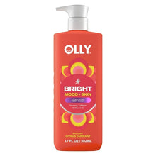 OLLY Bright mood-skin body wash bottle with white pump dispenser, radiant citrus currant label