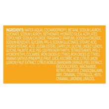 OLLY body wash ingredients list on orange label panel