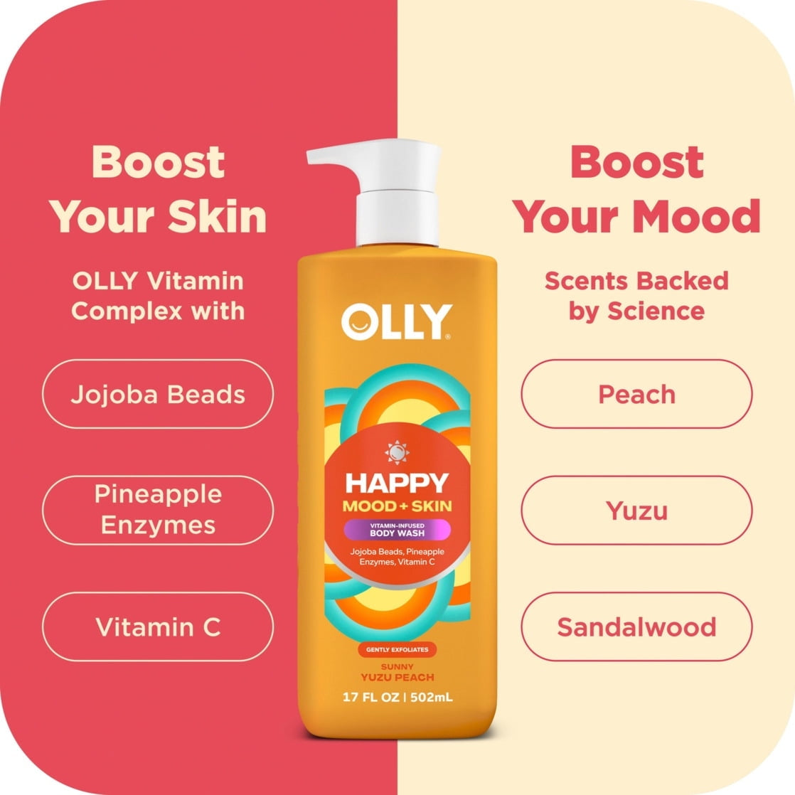 OLLY Exfoliating Body Wash Happy Mood + Skin, 17 fl oz