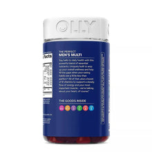 Men's multivitamin gummy bottle back panel with OLLY branding and text