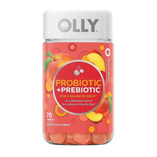 OLLY probiotic and prebiotic gummy supplement bottle, 70 count, peach front label