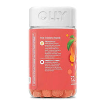 OLLY probiotic and prebiotic gummy supplement bottle, side label for probiotics and prebiotic fiber