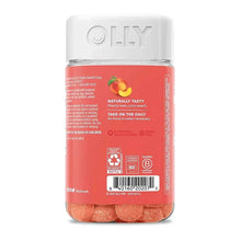 OLLY probiotic and prebiotic gummy supplement bottle, back label with barcode and recycling