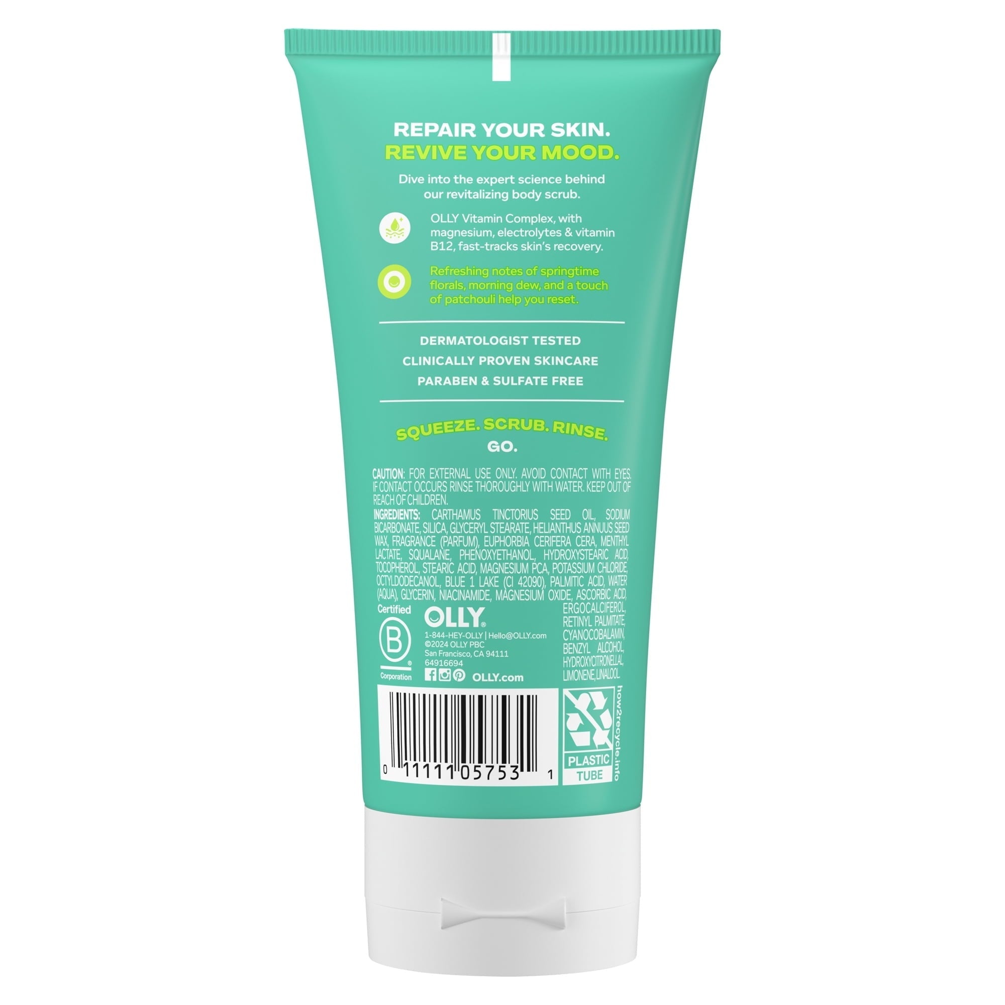 OLLY Revive Body Scrub Exfoliates & Repairs Skin Barrier Neroli Dew, 6 oz