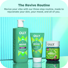 OLLY Revive body scrub tube among three-step skincare lineup with display bottles