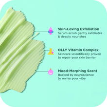 OLLY Revive body scrub exfoliation graphic with icons for Vitamin Complex and scent