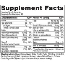 Supplement Facts label for multivitamin gummies: serving size 2 gummies, 45 servings