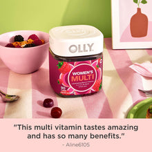 Women’s multivitamin gummy bottle with Berry-flavored gummies in front