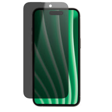 Privacy glass screen protector with dark finish and green privacy tint reflection