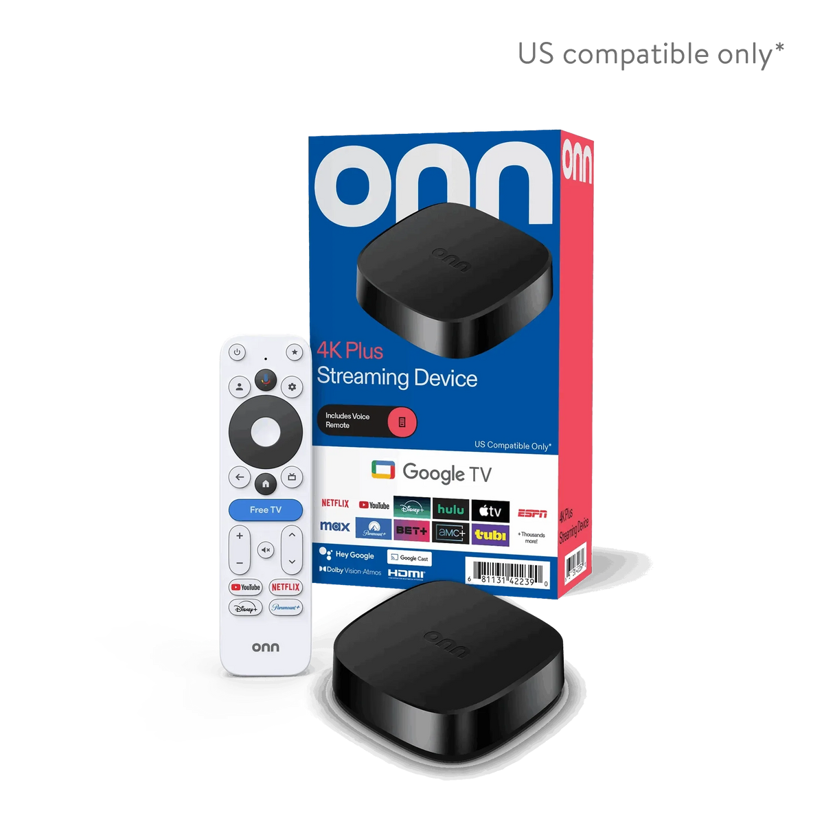 onn 4K Plus Streaming Device, Google TV - Ultra-fast Streaming, Stunning 4K UHD, 16GB Storage, 2GB RAM, Dolby Vision & Atmos, Remote with Voice Control