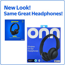 Wireless on-ear headphones retail box with headset photo and blue design layout