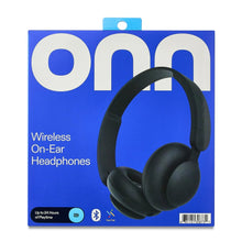 Wireless on-ear headphones retail box front with headset image and feature icons