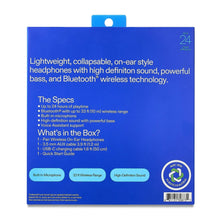 Wireless on-ear headphones retail box back with spec text blocks and icons