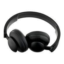 Black wireless on-ear headphones with cushioned headband and thick padded ear cups