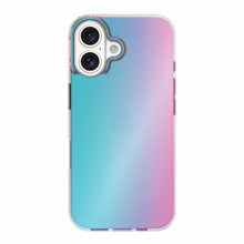 Opalescent phone case with teal-to-pink gradient, raised camera ring and cutouts