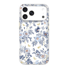 Clear phone case with blue and white floral toile pattern and raised camera cutouts