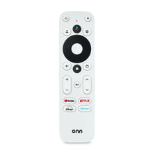 White voice remote with large central dial and shortcut buttons