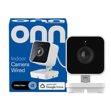 Indoor wired security camera with black lens module and white base, in box