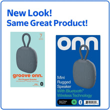 onn mini rugged speaker box with carry-handle speaker image on blue background.