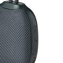 Mini rugged Bluetooth speaker side with control buttons, dark gray fabric and trim.