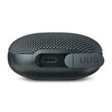 Mini rugged Bluetooth speaker charging port, USB-C and CHARGE label on dark gray base.