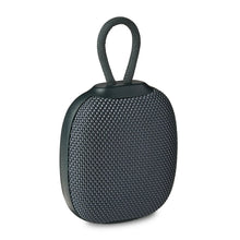 Mini rugged Bluetooth speaker with carry handle, dark gray fabric grille.