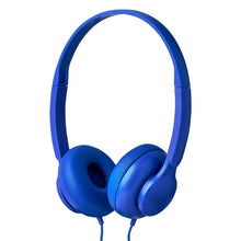 Blue on-ear headphones with padded ear cups and adjustable headband