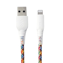 onn braided Lightning to USB-A cable, rainbow multicolor braid, white connectors