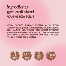 Foaming body scrub ingredient list panel with icons and percentage badge