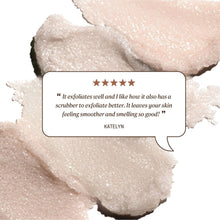 Foaming body scrub exfoliating particles with customer review bubble and stars