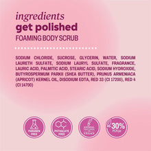 Get Polished foaming body scrub ingredients list on pink card, with icons below.