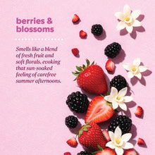 Berries & blossoms fragrance theme with strawberries, blackberries, and flowers on pink background.