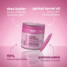 Pink ONYX foaming body scrub with berries & blossoms, scrubbing tool shown nearby.