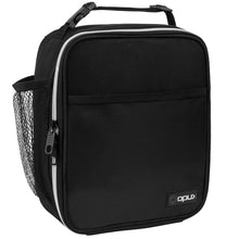Black insulated lunch box with zippered top, front pocket, and mesh side holder