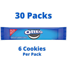 Oreo chocolate sandwich cookie bar showing 30 packs and 6 cookies per pack