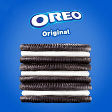 Chocolate sandwich cookies stack with cream layers and Oreo Original branding