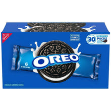 Chocolate sandwich cookie package with Oreo logo and 30 cookies pack text