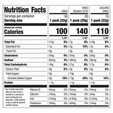 Nutrition Facts panel for OREO, Double Stuf, and Golden OREO cookie packs