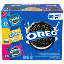 OREO sandwich cookie variety pack box showing assorted 2-cookie packs, 60 count