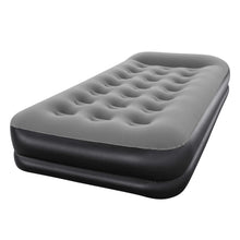 Twin air mattress with gray quilted top and dark base, rounded corners and raised edge